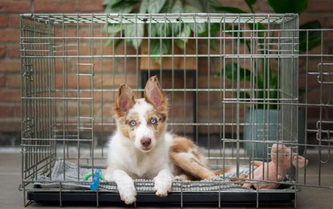 A dog is seen laying down in its crate